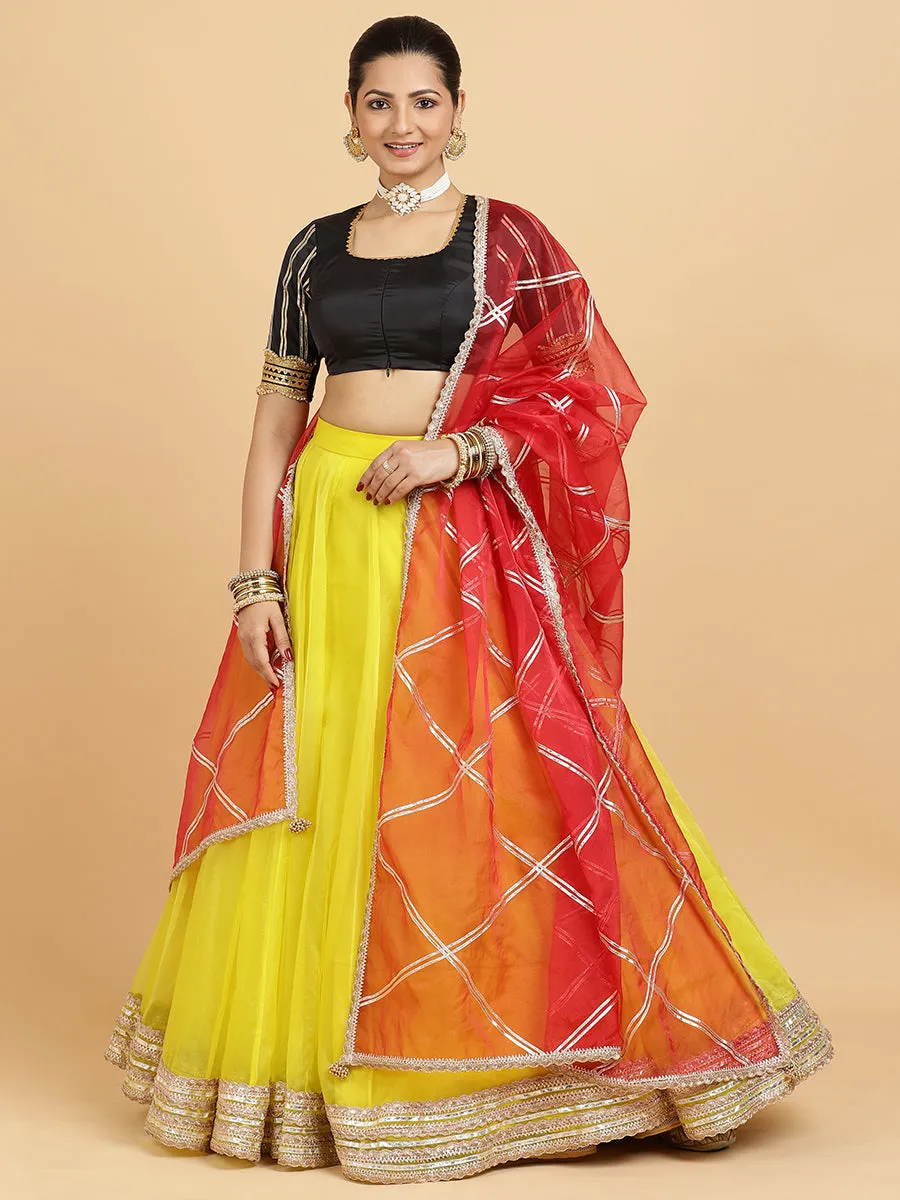 Farah Aziza 3-Piece Lehenga Set | Lemon Yellow Lehenga, Charcoal Black Blouse | With Leela Red Dupatta