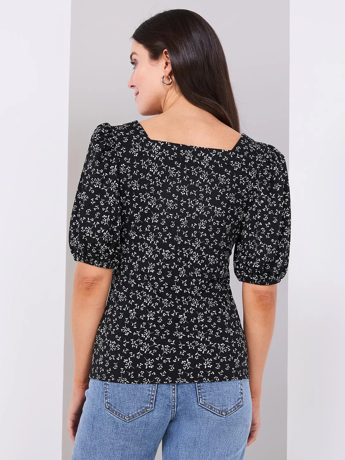 Floral Print Puff Sleeve Square Neck Top