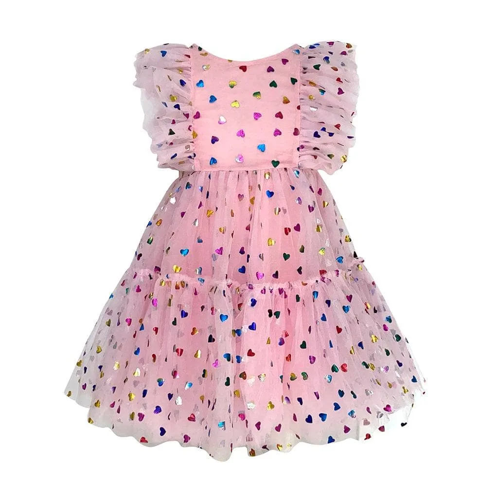 Foil Rainbow Hearts Tulle Dress