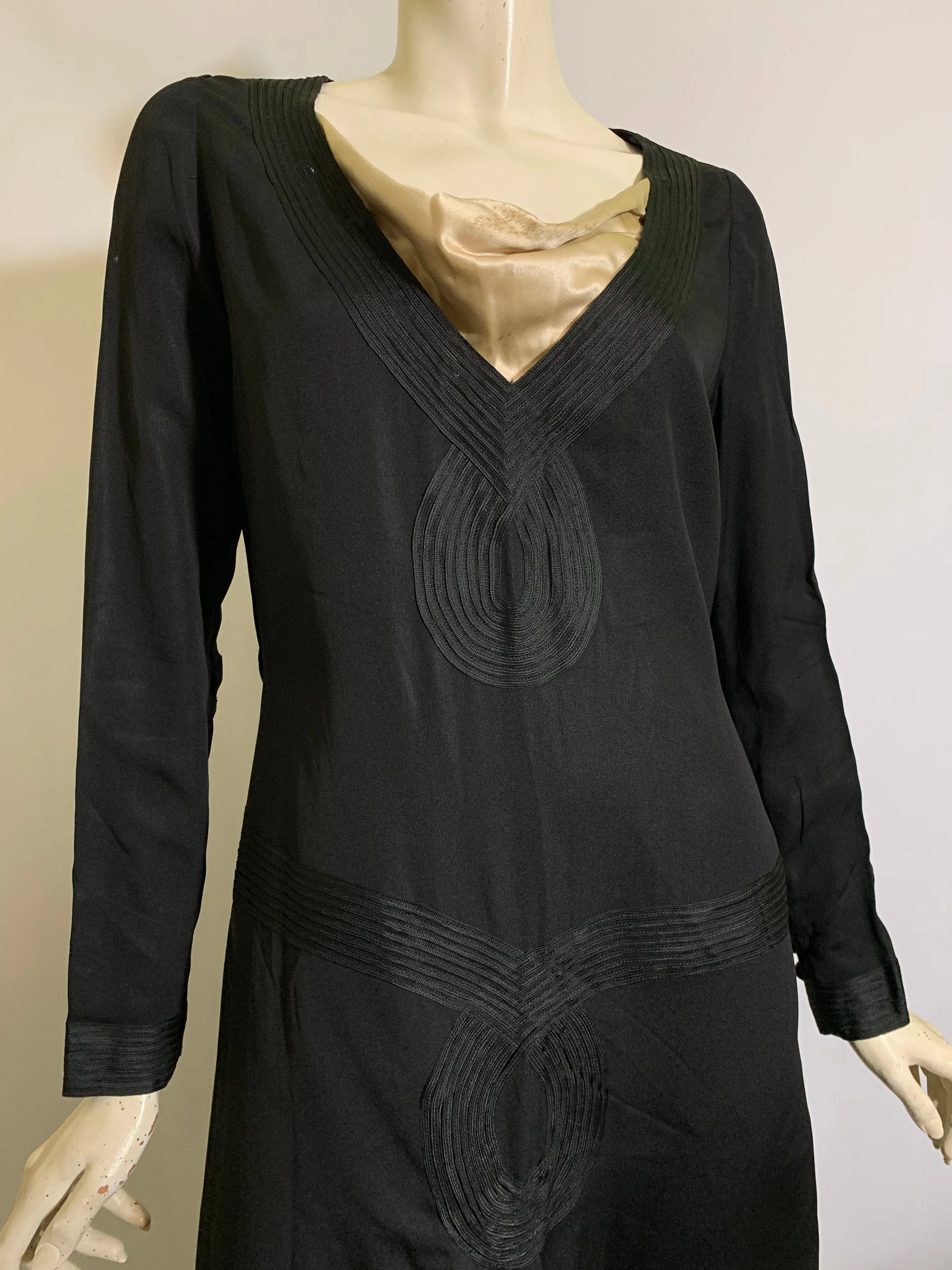 Jet Black Soutache Trimmed Dropped Waist Silk Dress circa 1920s