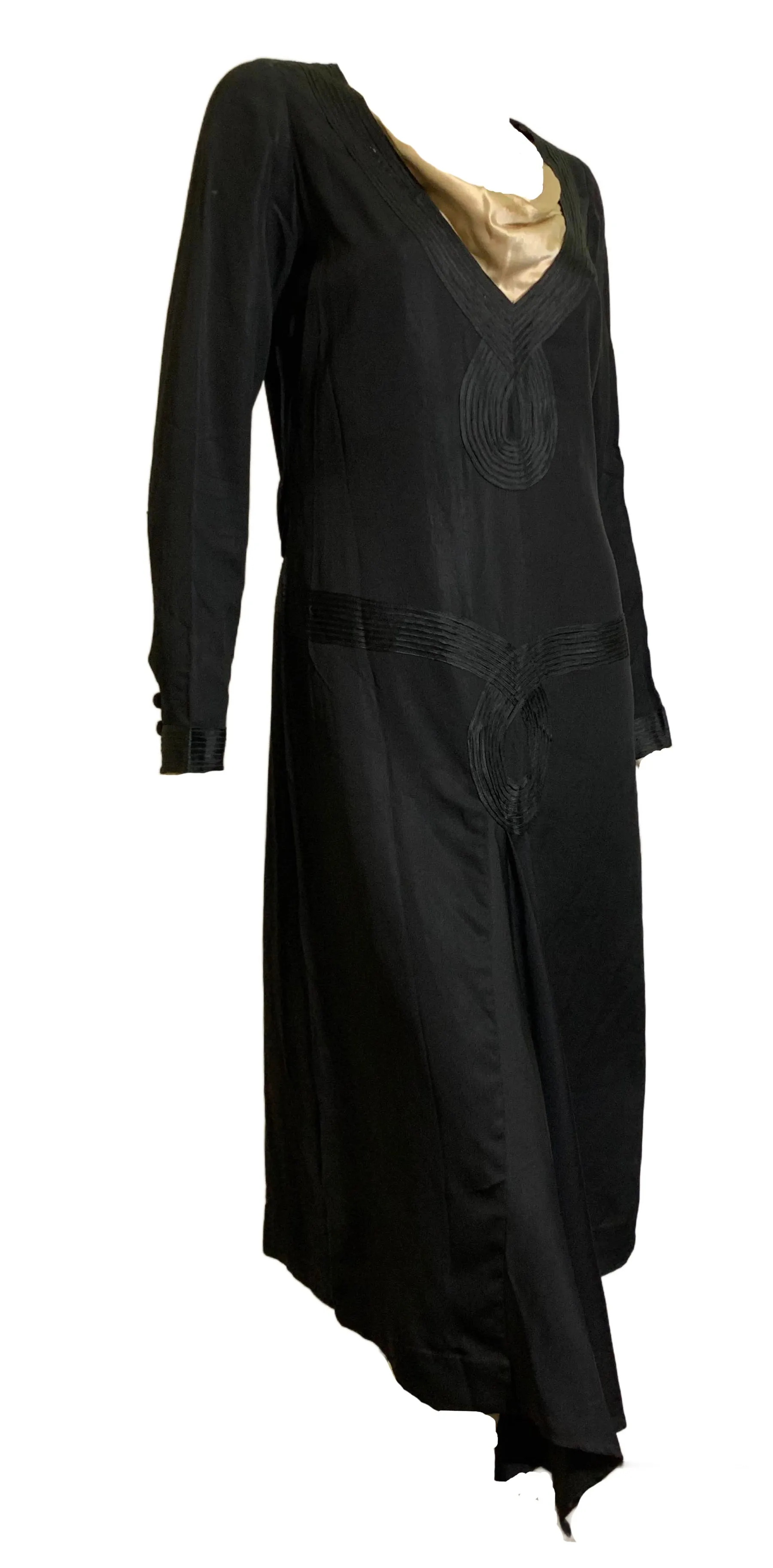 Jet Black Soutache Trimmed Dropped Waist Silk Dress circa 1920s