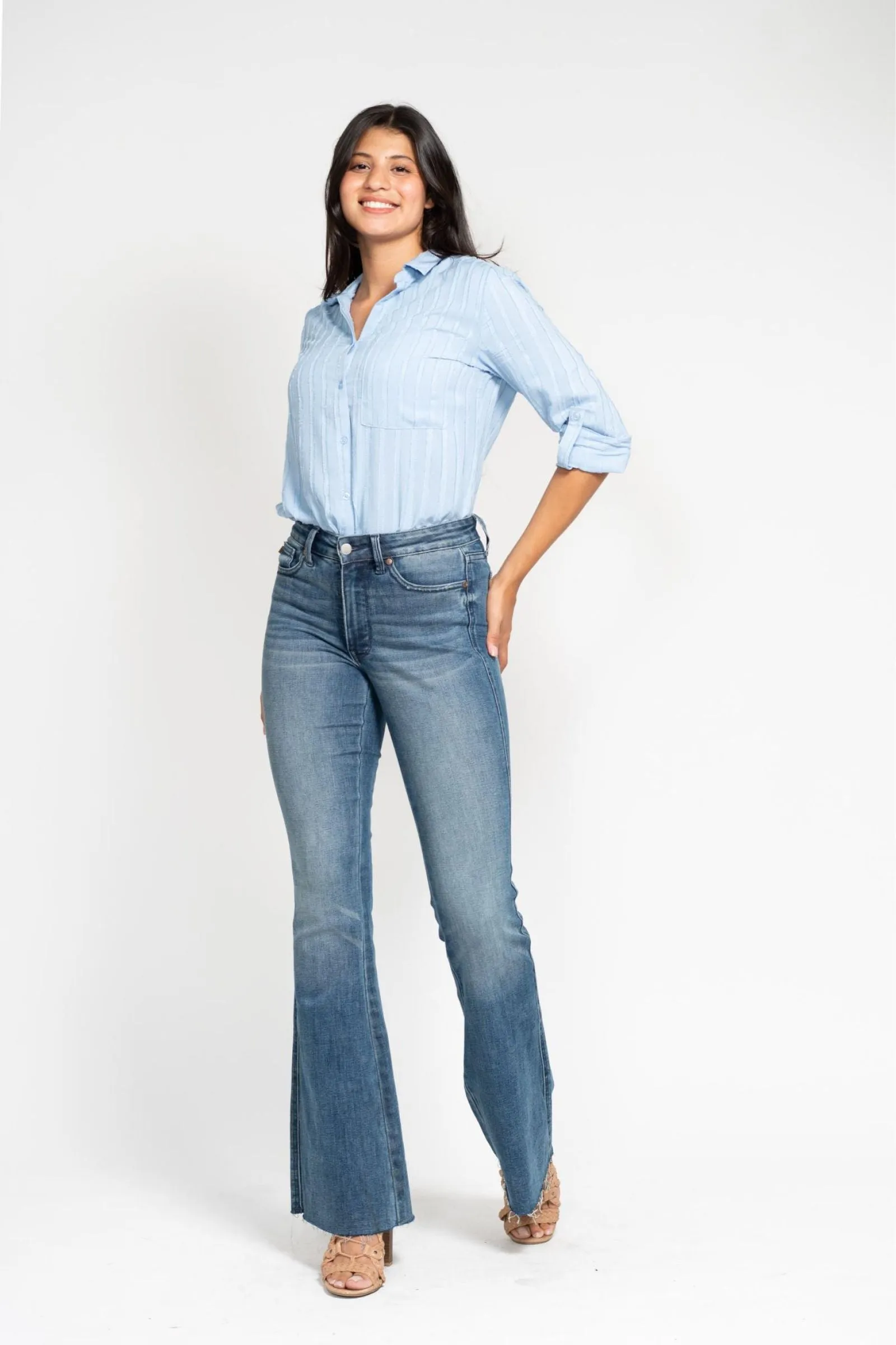 Judy Blue Mid Rise Tummy Control Vintage Wash Cut Hem Flare