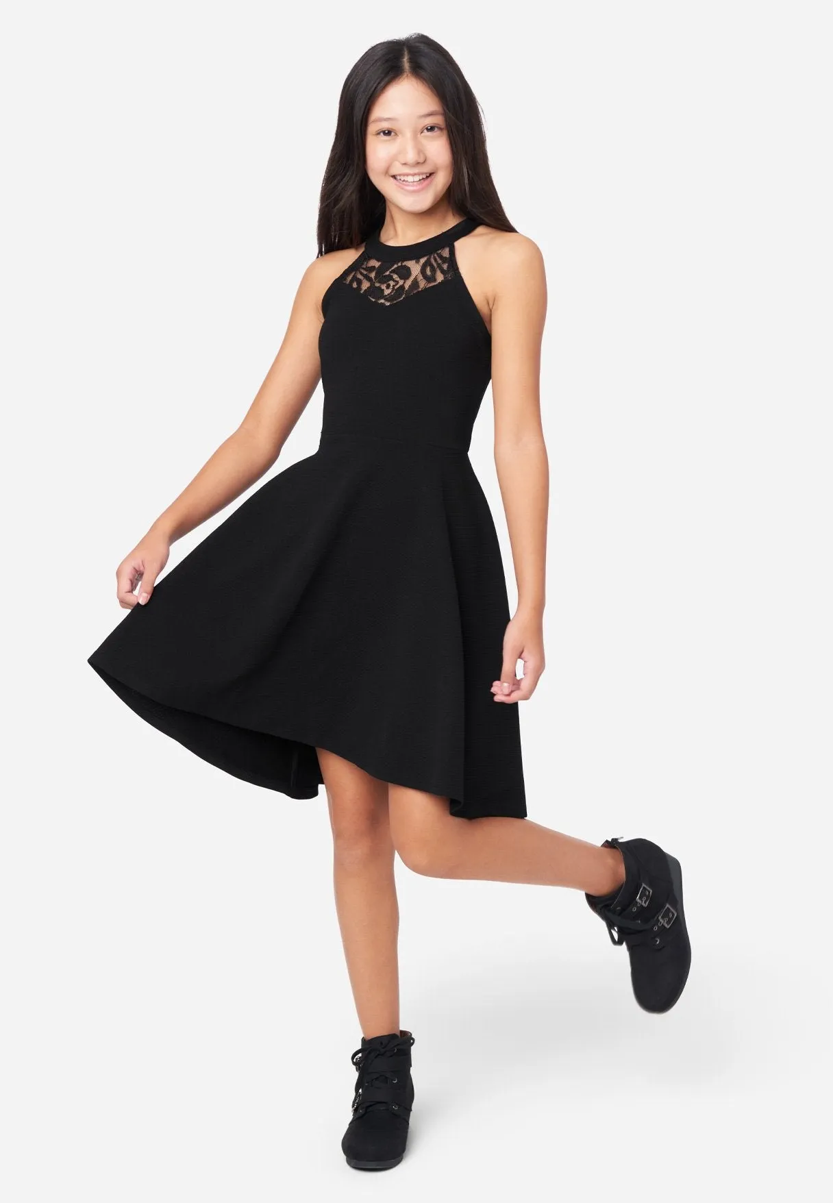 Lace-Accent Girls Halter Dress