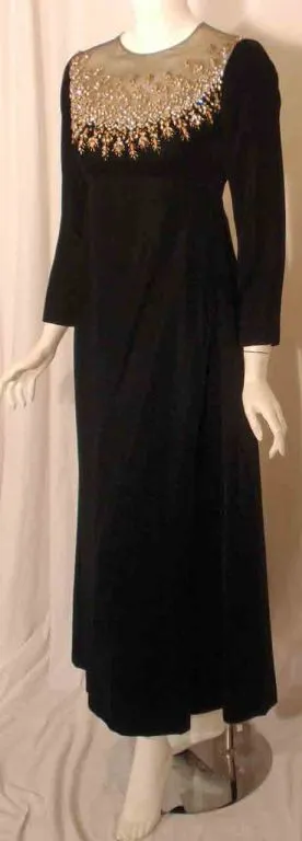 MALCOLM STARR Black Velvet Gown with Rhinestones Collar