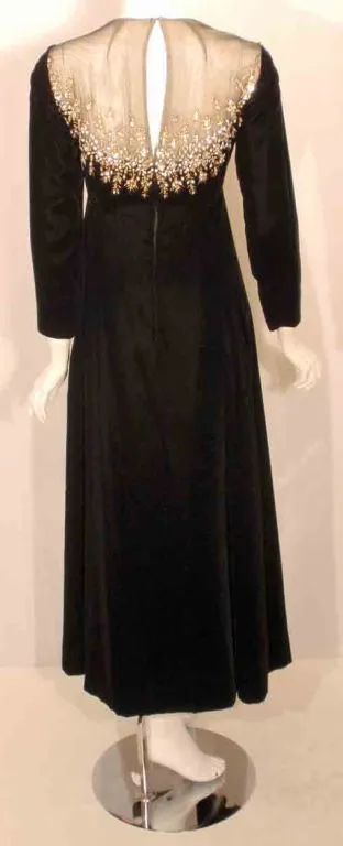 MALCOLM STARR Black Velvet Gown with Rhinestones Collar