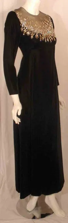 MALCOLM STARR Black Velvet Gown with Rhinestones Collar