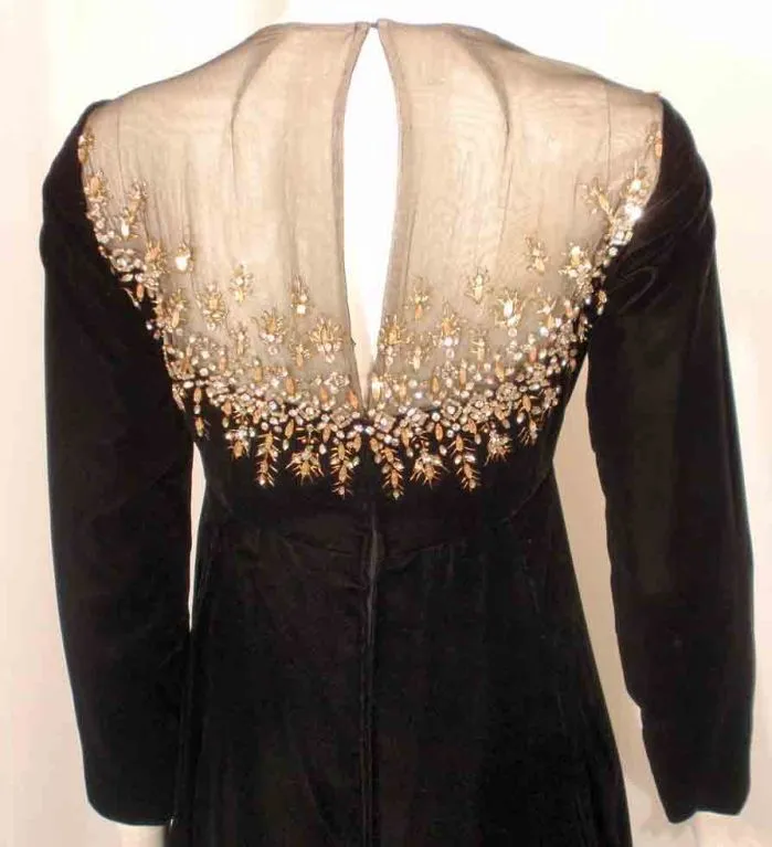 MALCOLM STARR Black Velvet Gown with Rhinestones Collar