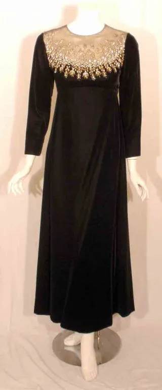 MALCOLM STARR Black Velvet Gown with Rhinestones Collar