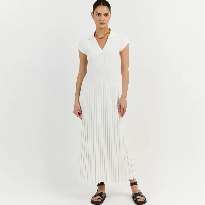 Minimalist Lettuce Trim Collared V Neck Short Sleeve Rib Knit Midi Dress