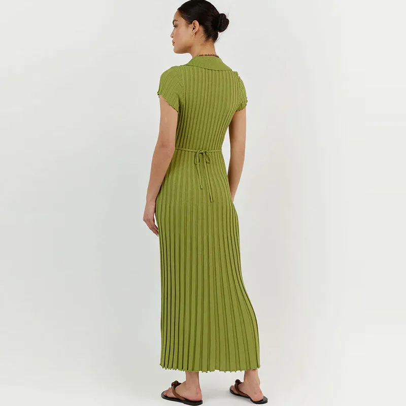 Minimalist Lettuce Trim Collared V Neck Short Sleeve Rib Knit Midi Dress