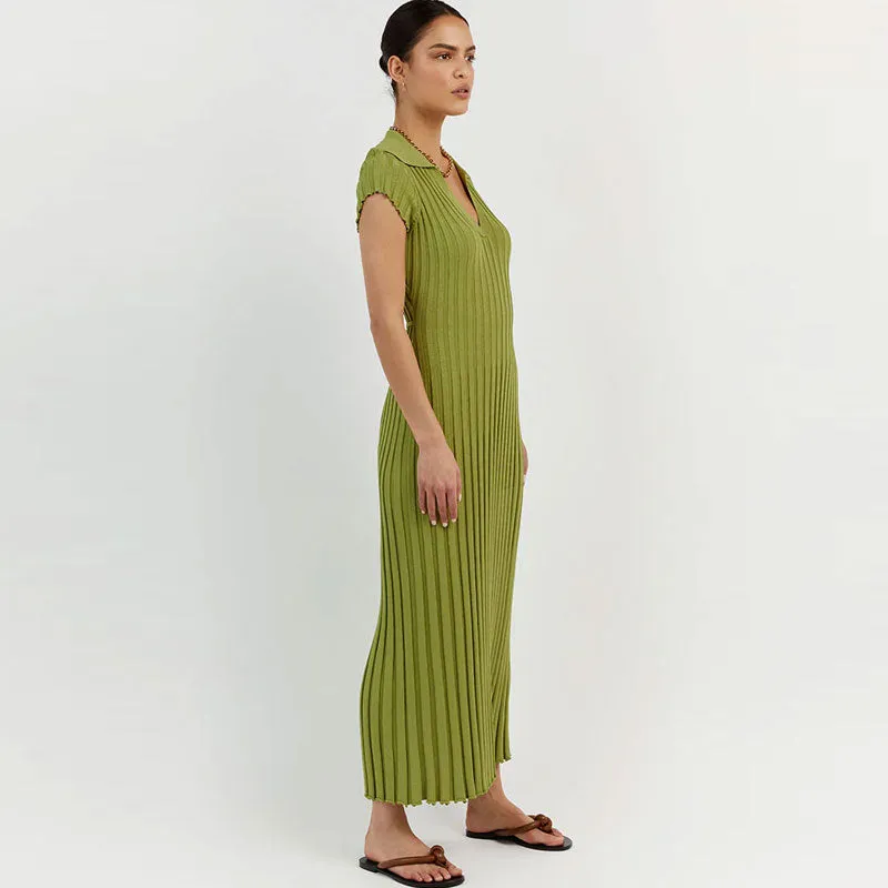 Minimalist Lettuce Trim Collared V Neck Short Sleeve Rib Knit Midi Dress