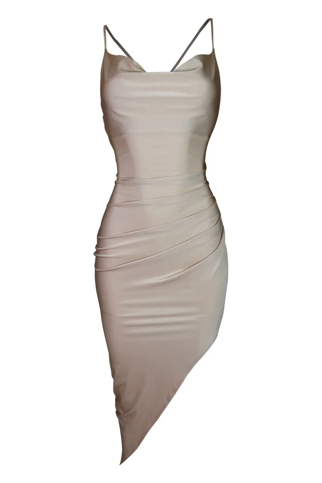 Only Gets Better Cowl Neck Asymmetrical Midi Dress