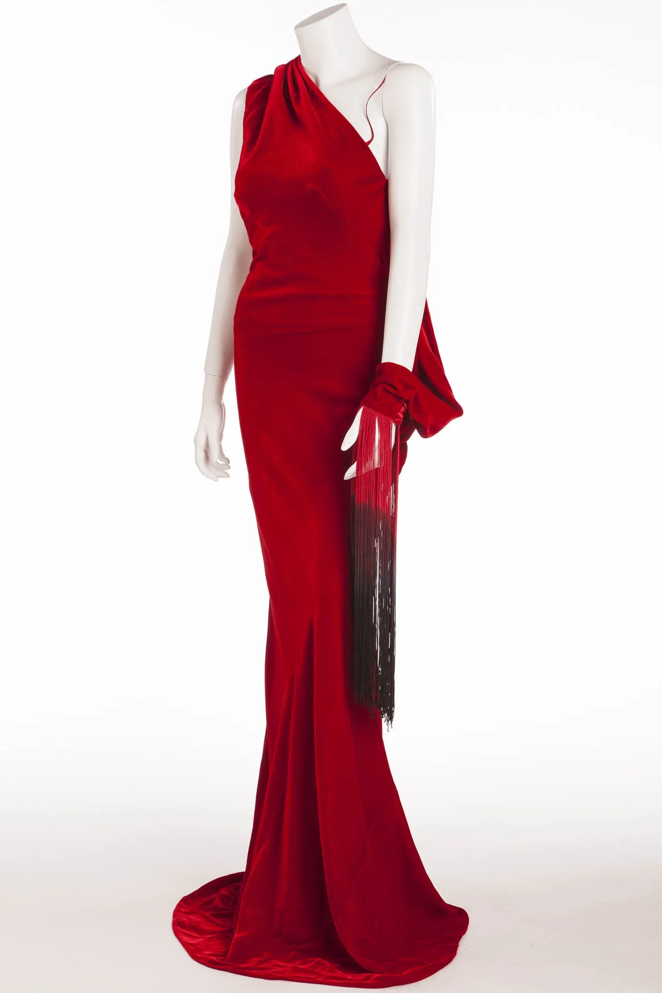 Original Alexander McQueen - Red Long Velvet Grecian Gown with Arm Tassel - IT 40