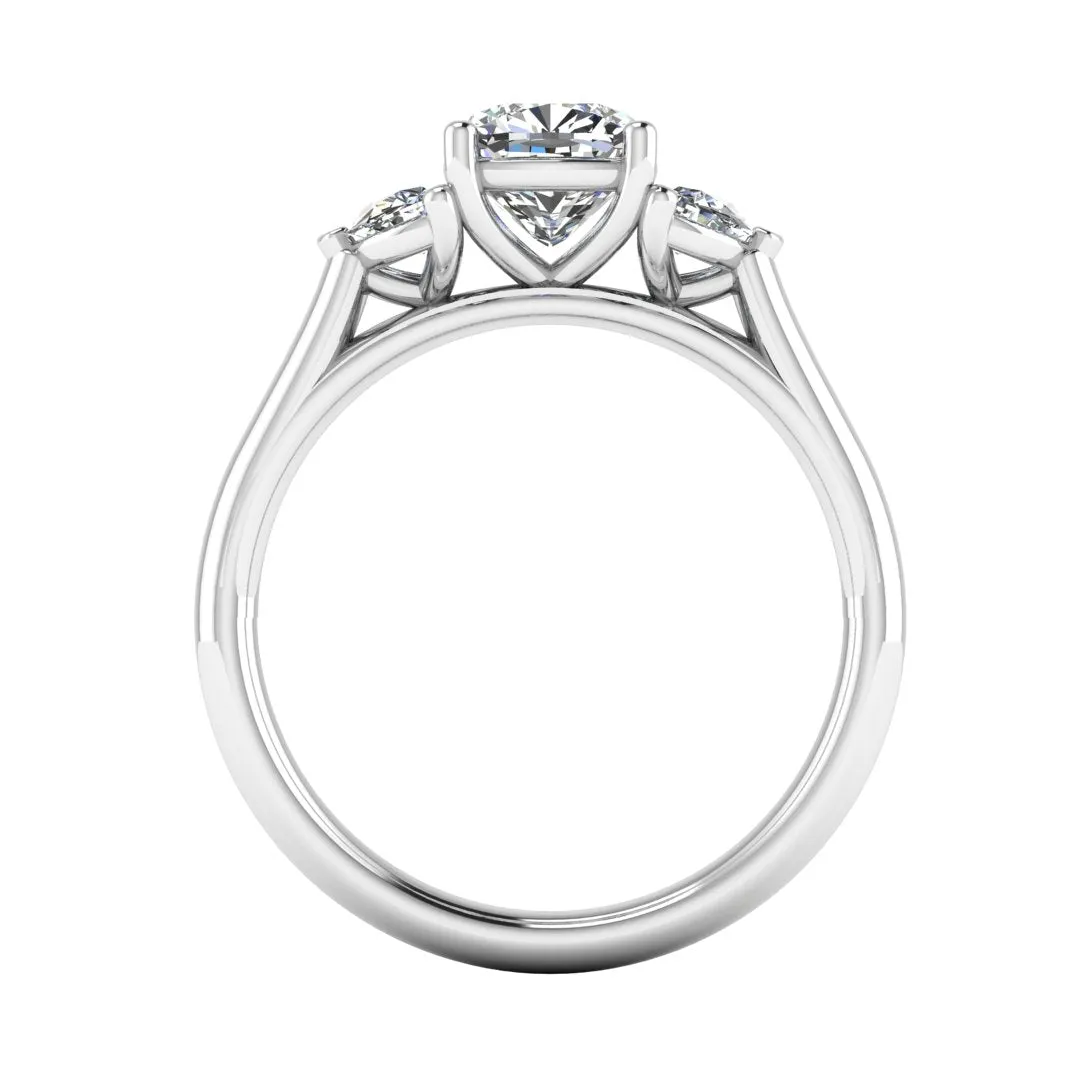 "Brielle" Three Stone Cushion and Half Moon Side Stones Trilogy Diamond Ring 3SCC01