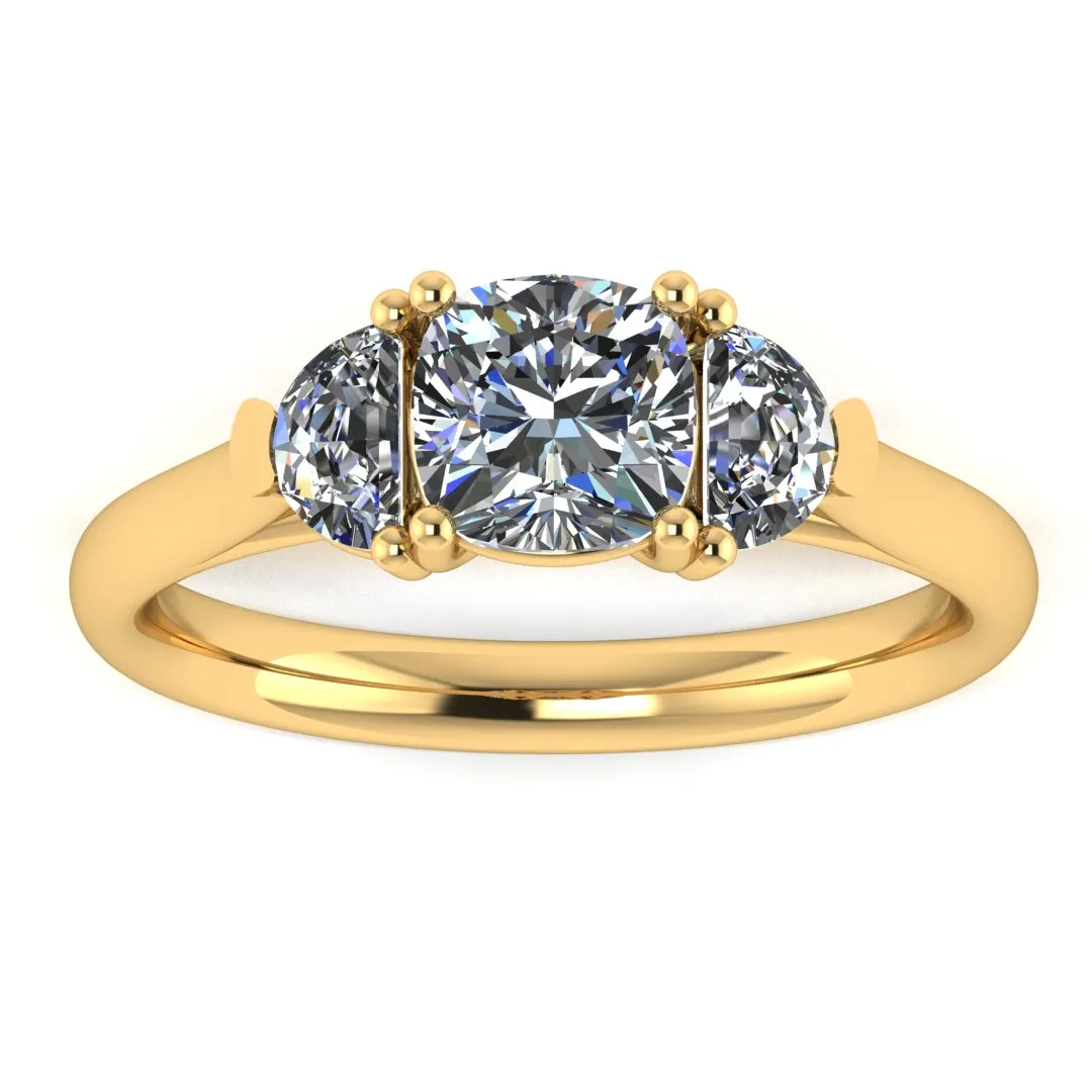 "Brielle" Three Stone Cushion and Half Moon Side Stones Trilogy Diamond Ring 3SCC01