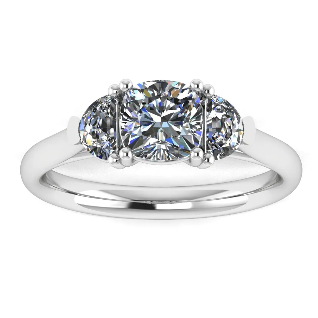 "Brielle" Three Stone Cushion and Half Moon Side Stones Trilogy Diamond Ring 3SCC01