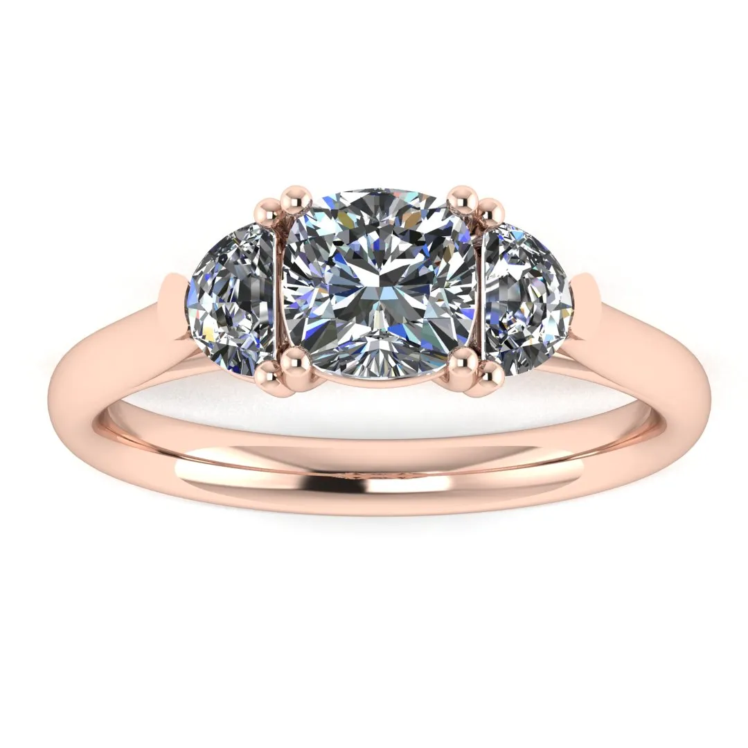 "Brielle" Three Stone Cushion and Half Moon Side Stones Trilogy Diamond Ring 3SCC01