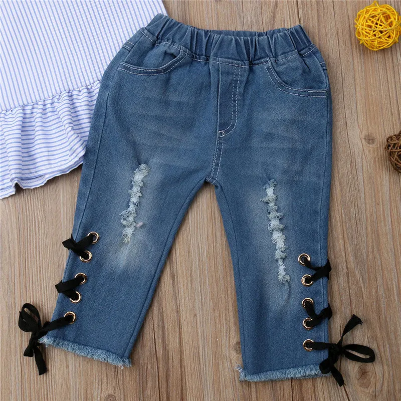 Ruffle Stripe Top & Denim Lace Up Jeans Set