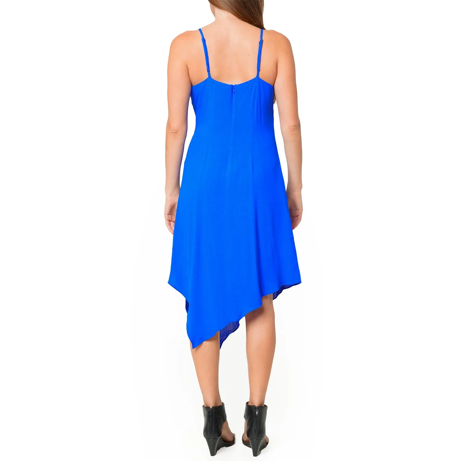 Solid Asymmetrical Hem V-neck Dress in Blue