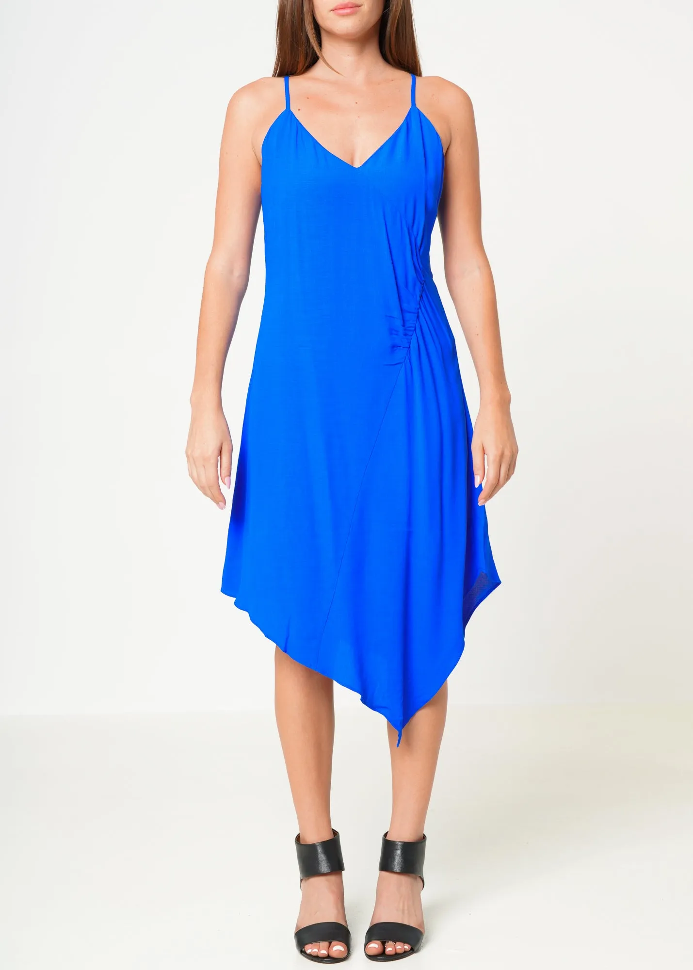 Solid Asymmetrical Hem V-neck Dress in Blue