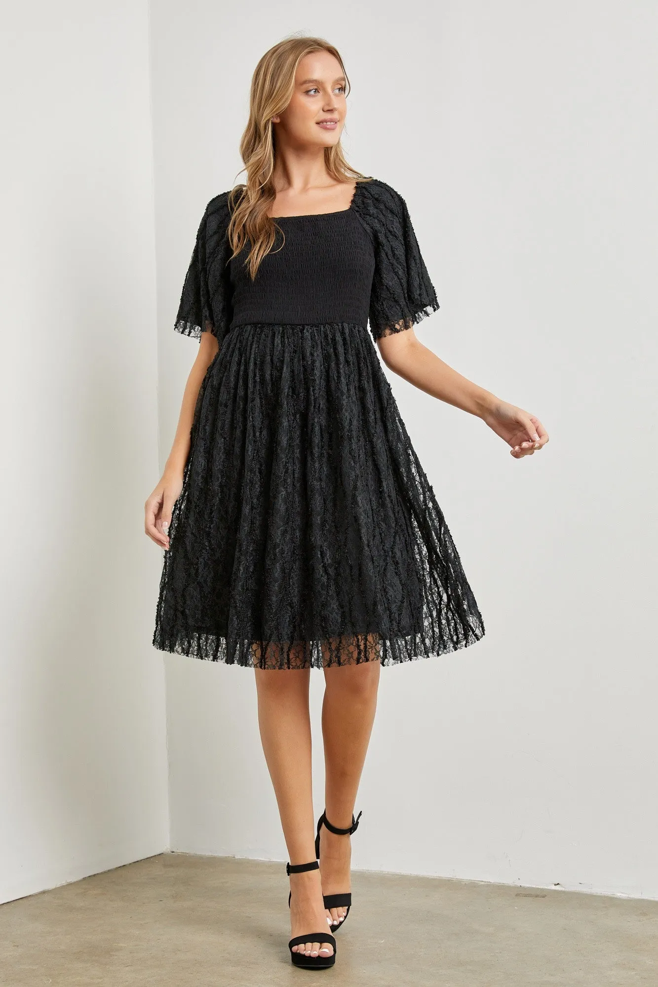 SQUARE NECK LACE SMOCKED DRESS