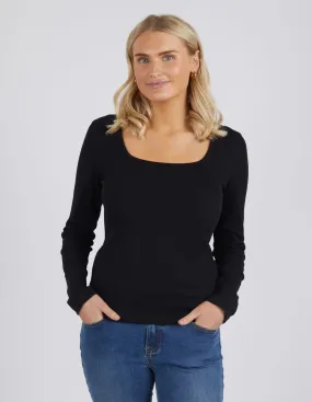 Square Neck Rib Long Sleeve Black