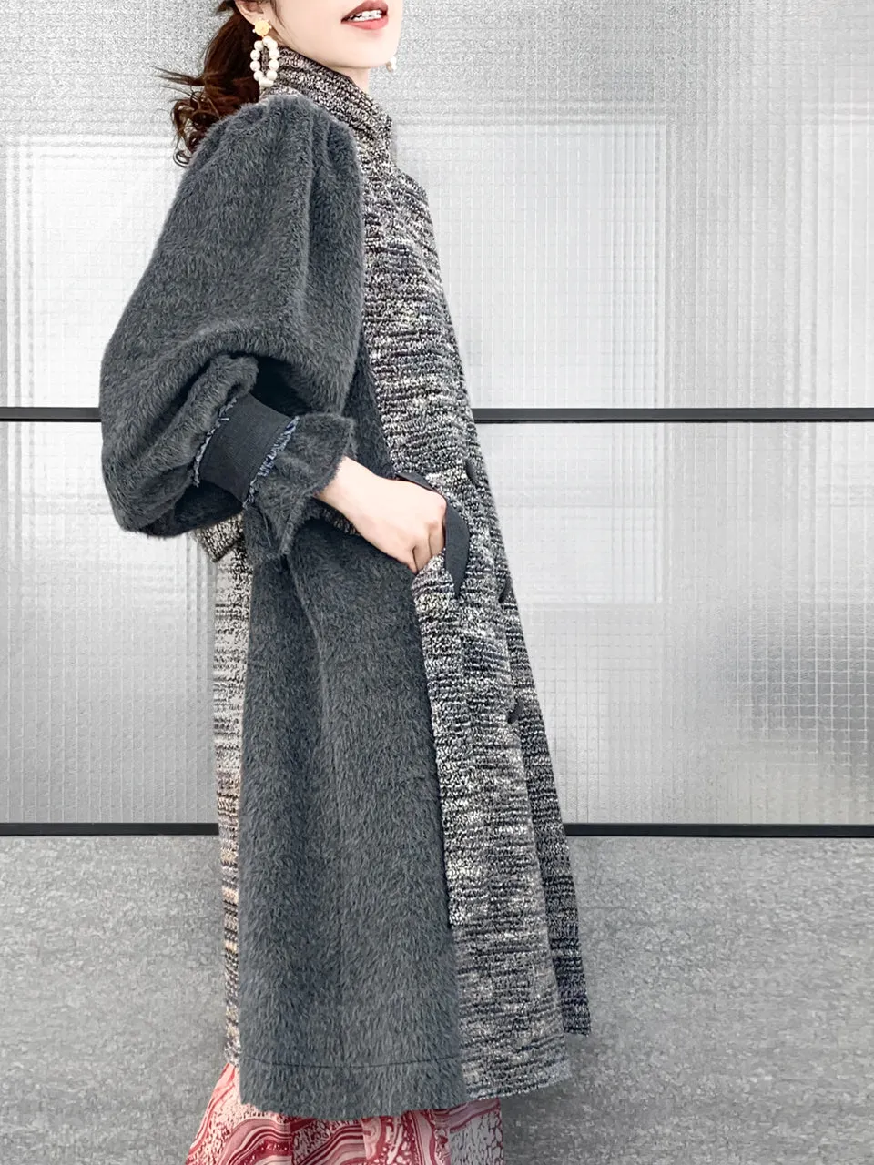 Surprise Sale! Grey Tweed Contrast Furry Balloon Sleeves Trench Coat