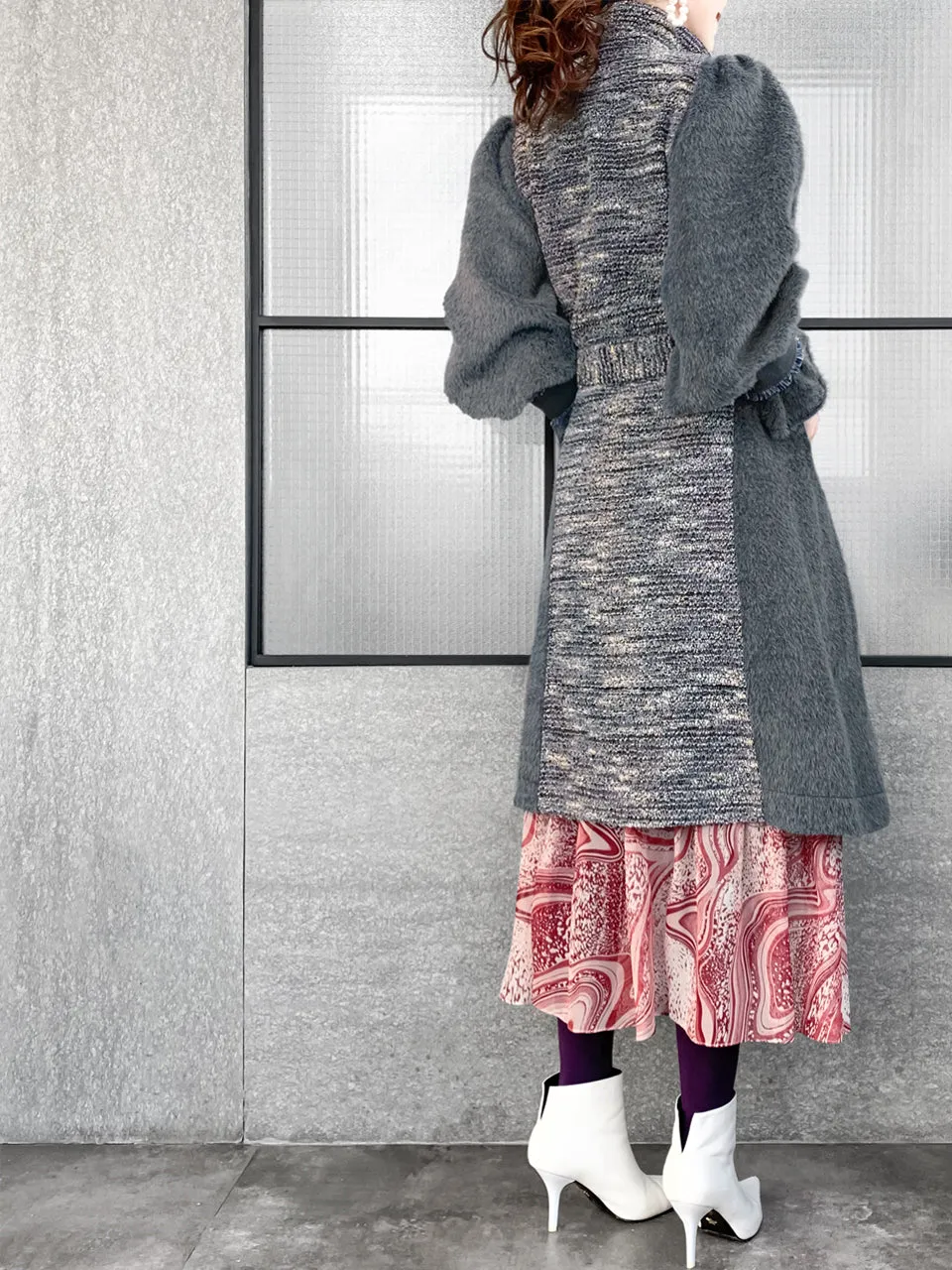 Surprise Sale! Grey Tweed Contrast Furry Balloon Sleeves Trench Coat