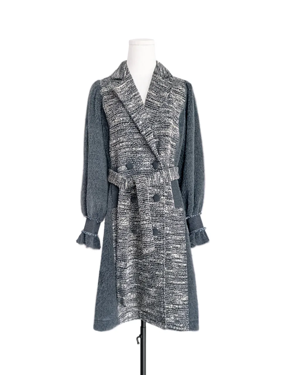 Surprise Sale! Grey Tweed Contrast Furry Balloon Sleeves Trench Coat