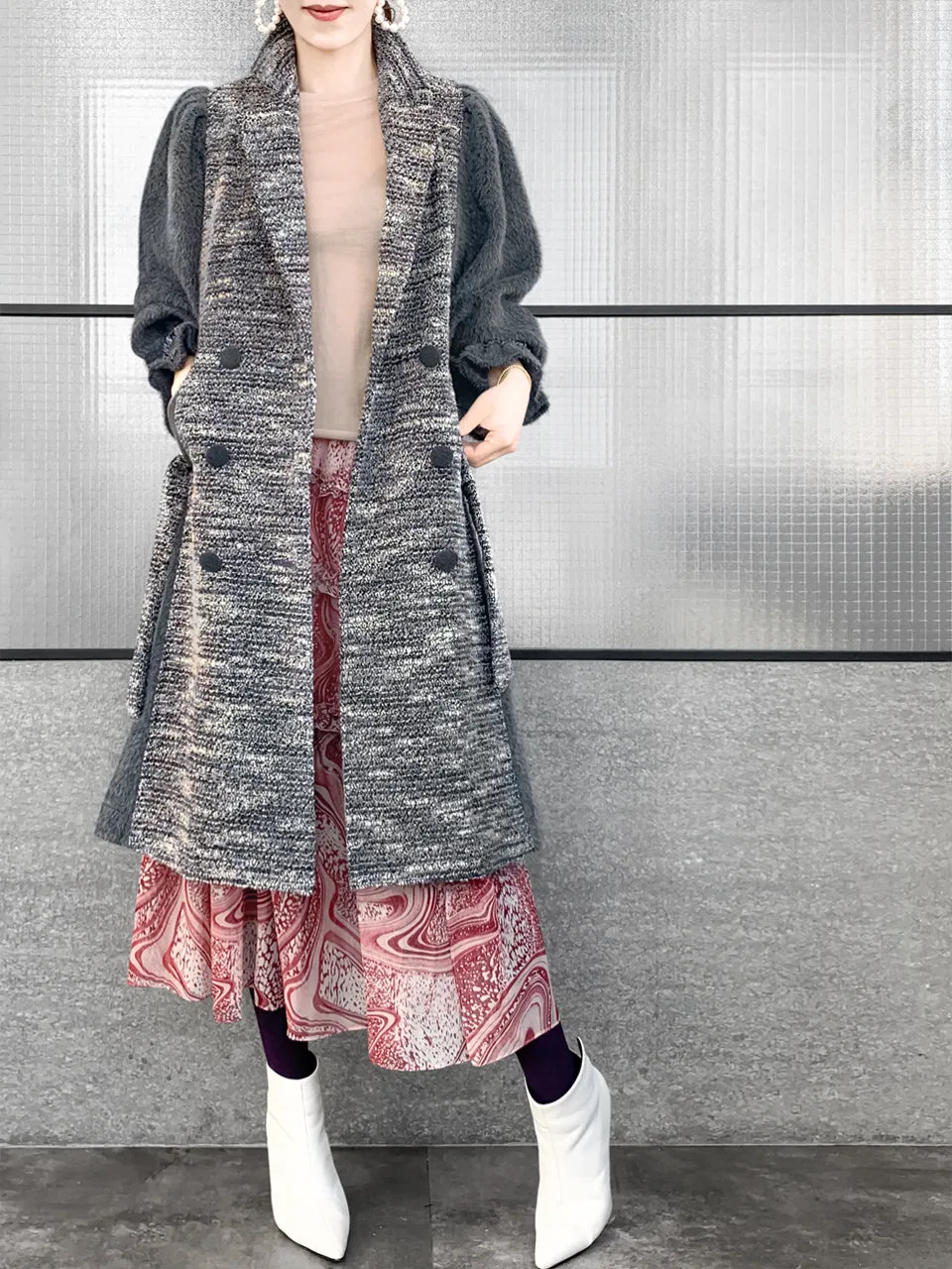 Surprise Sale! Grey Tweed Contrast Furry Balloon Sleeves Trench Coat