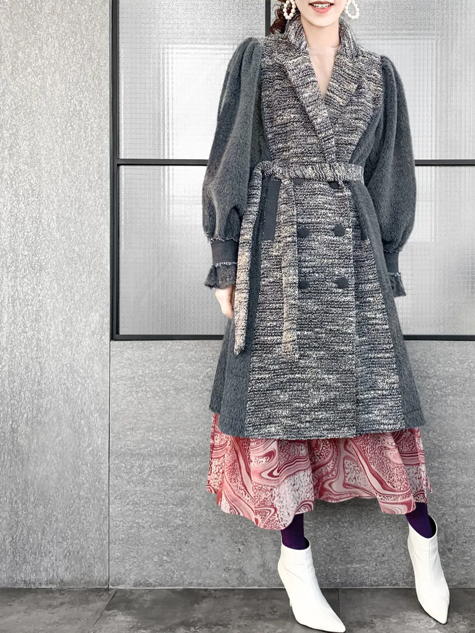 Surprise Sale! Grey Tweed Contrast Furry Balloon Sleeves Trench Coat