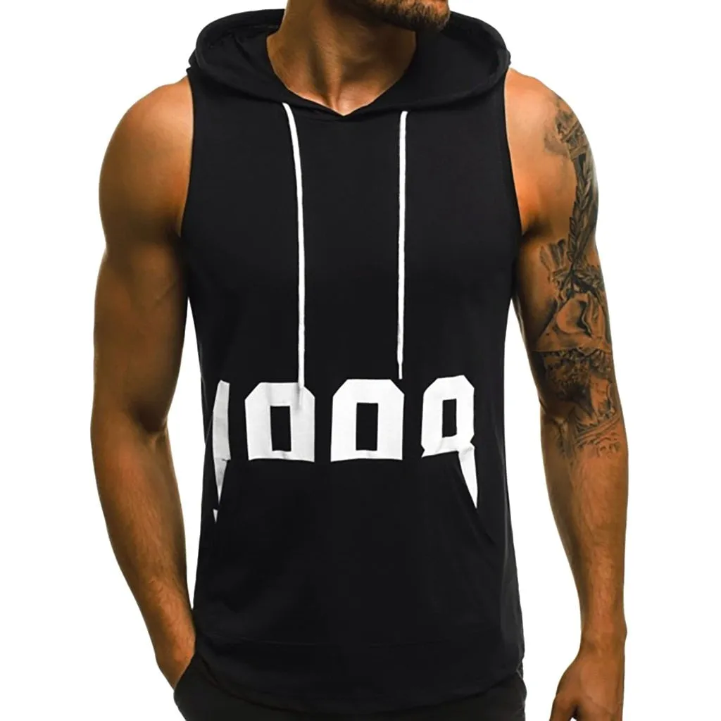 Tank Top Of Men Fitness Muscle Print Sleeveless Hooded Mens Gym Clothing Bodybuilding Pocket 2019 Undershirt Male Clothes