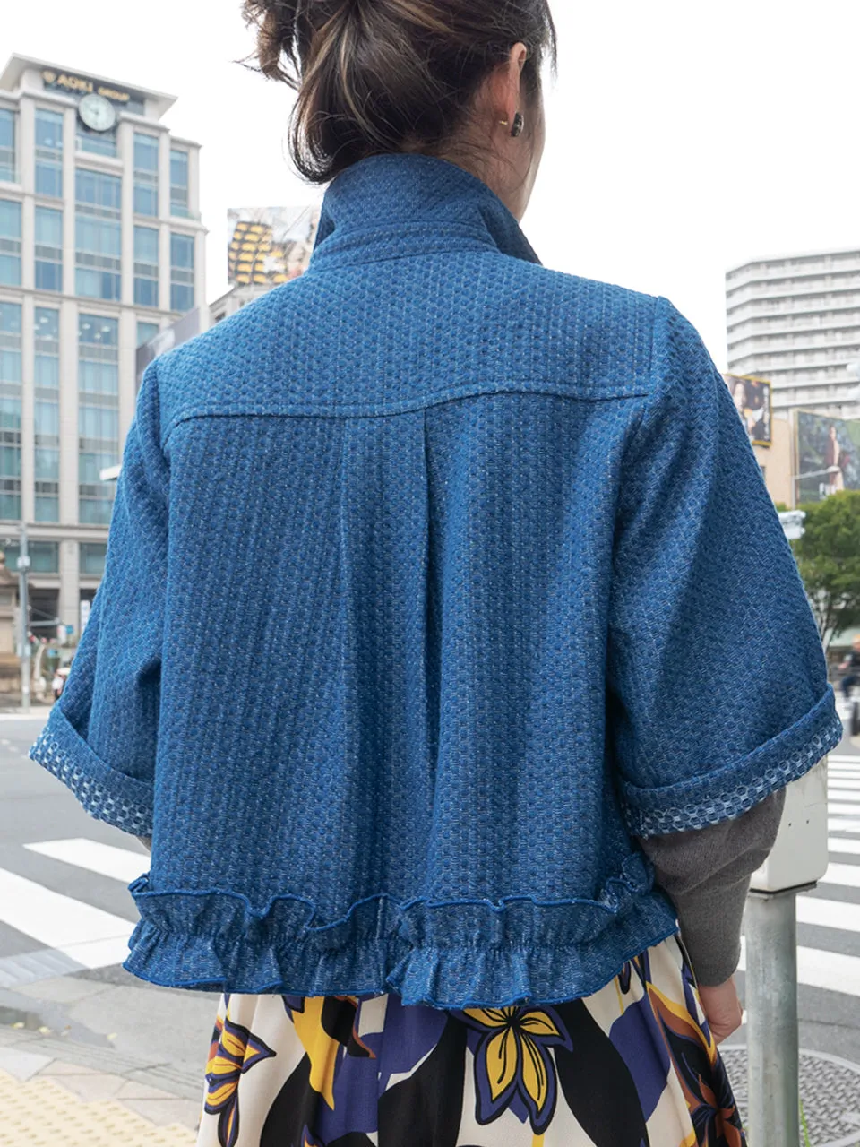 Textured Chambray Elbow Sleeve Ruffle Hem Cropped Dolly Jacket