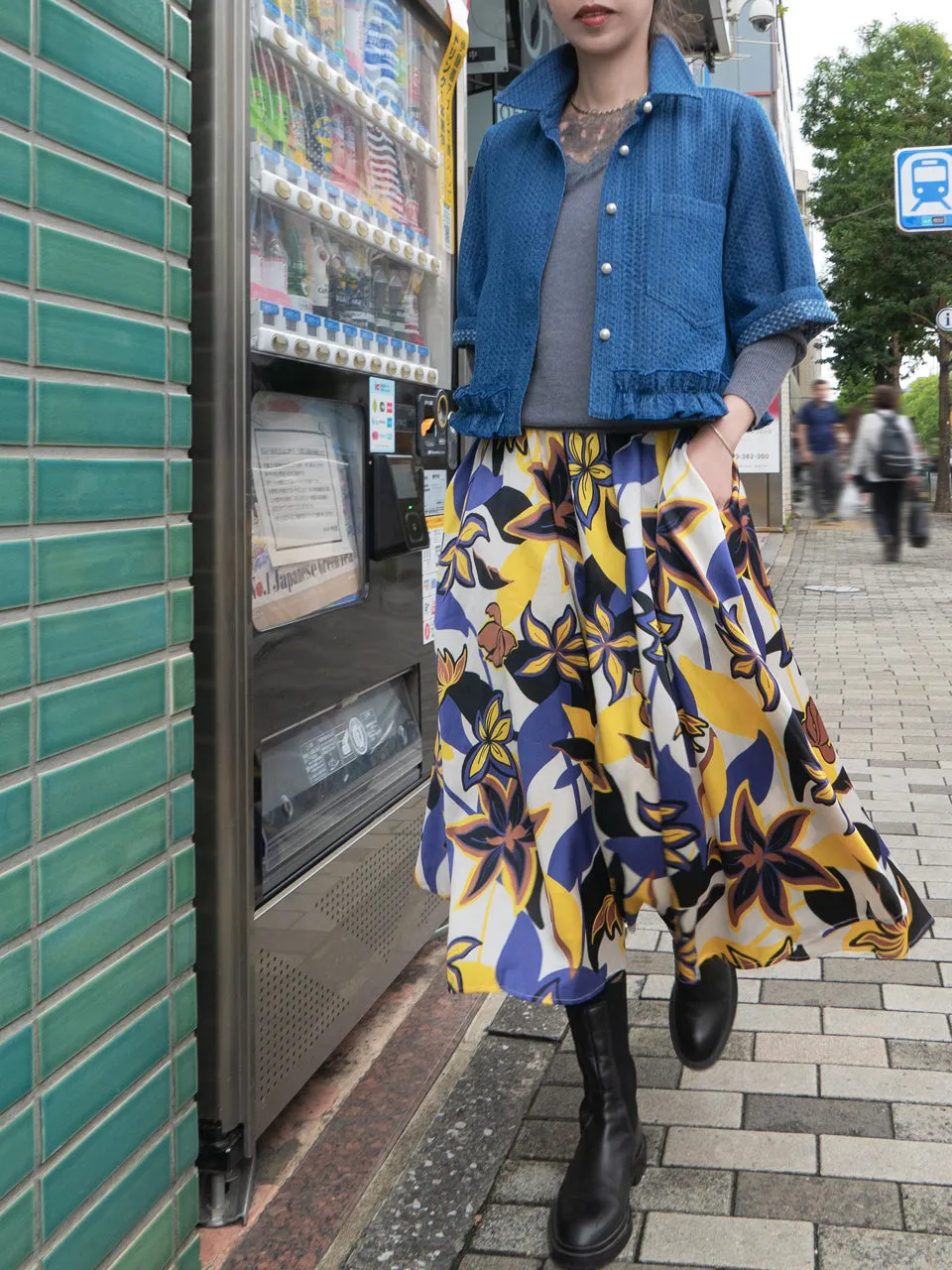 Textured Chambray Elbow Sleeve Ruffle Hem Cropped Dolly Jacket