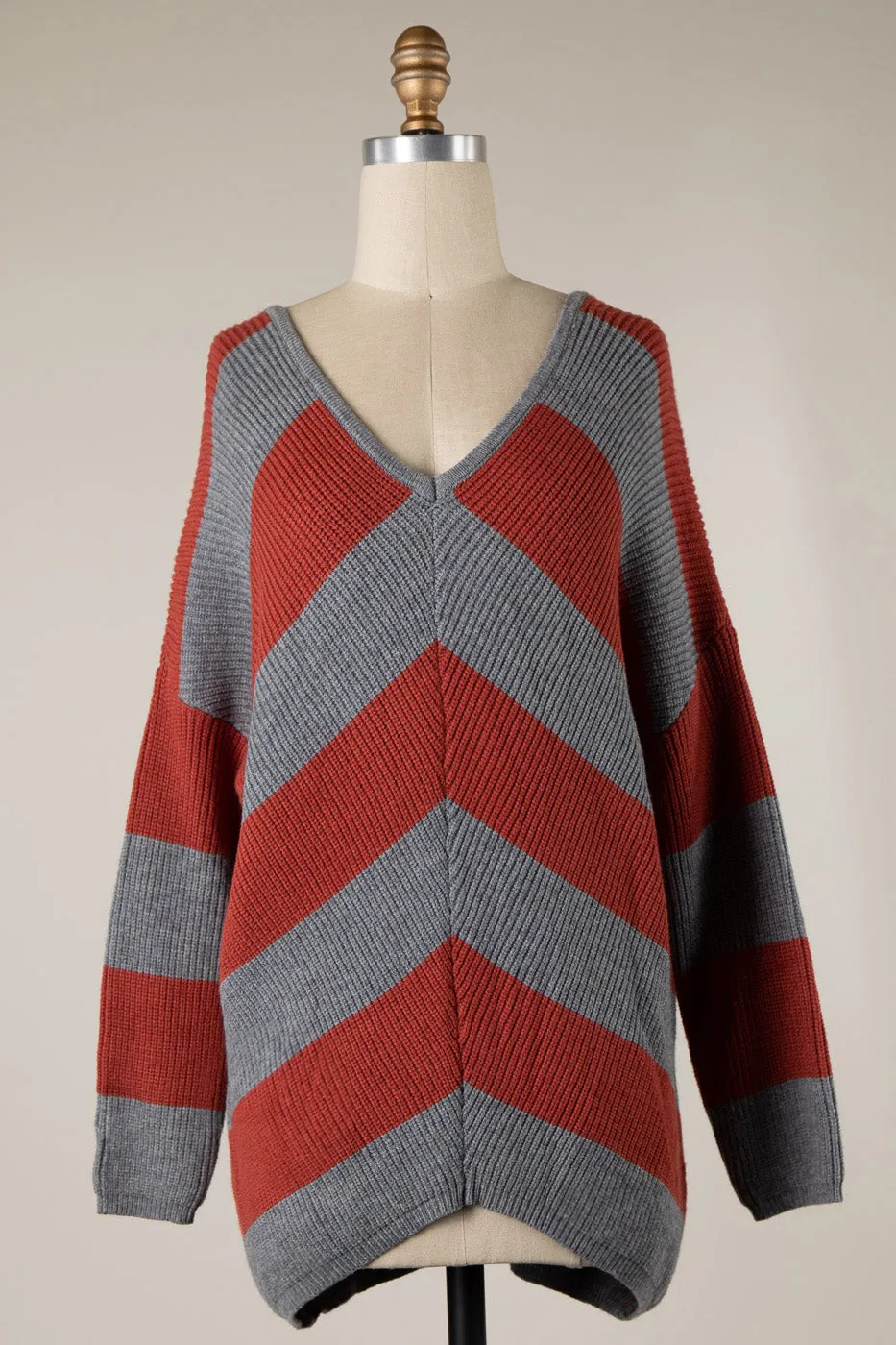 V NECK CHEVRON PATTERN CABLE KNIT SWEATER 1 PACK