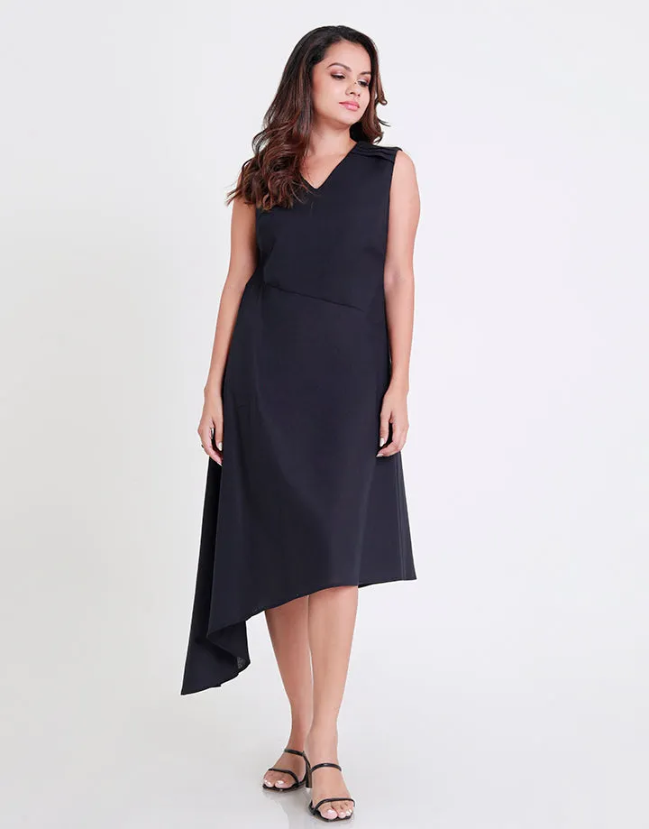 V-Neck Dress with Shoulder Pleated