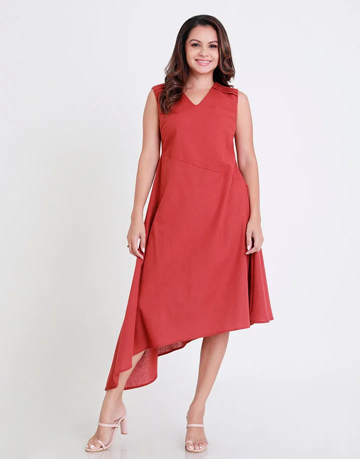 V-Neck Dress with Shoulder Pleated