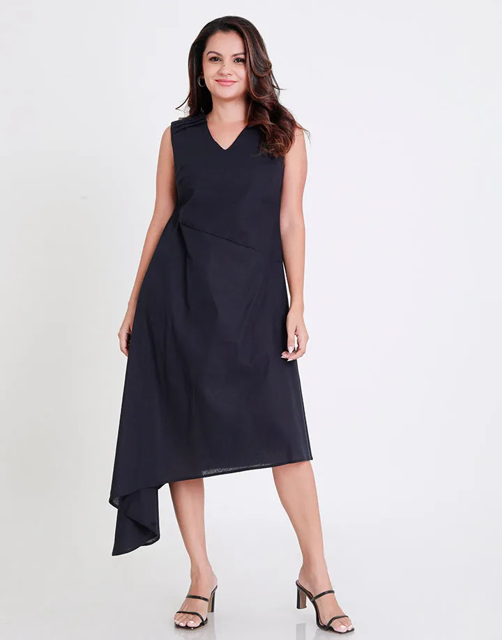 V-Neck Dress with Shoulder Pleated