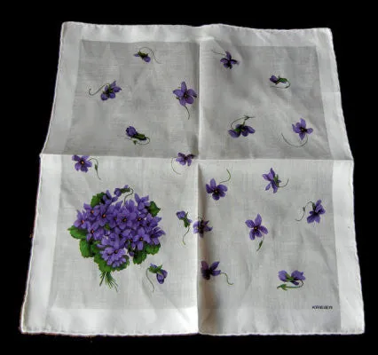 *VINTAGE KREIER HAND STITCHED ROLLED HEM VIOLETS HANDKERCHIEF HANKY HANKIE - BEAUTIFUL