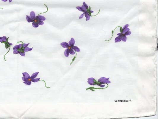 *VINTAGE KREIER HAND STITCHED ROLLED HEM VIOLETS HANDKERCHIEF HANKY HANKIE - BEAUTIFUL