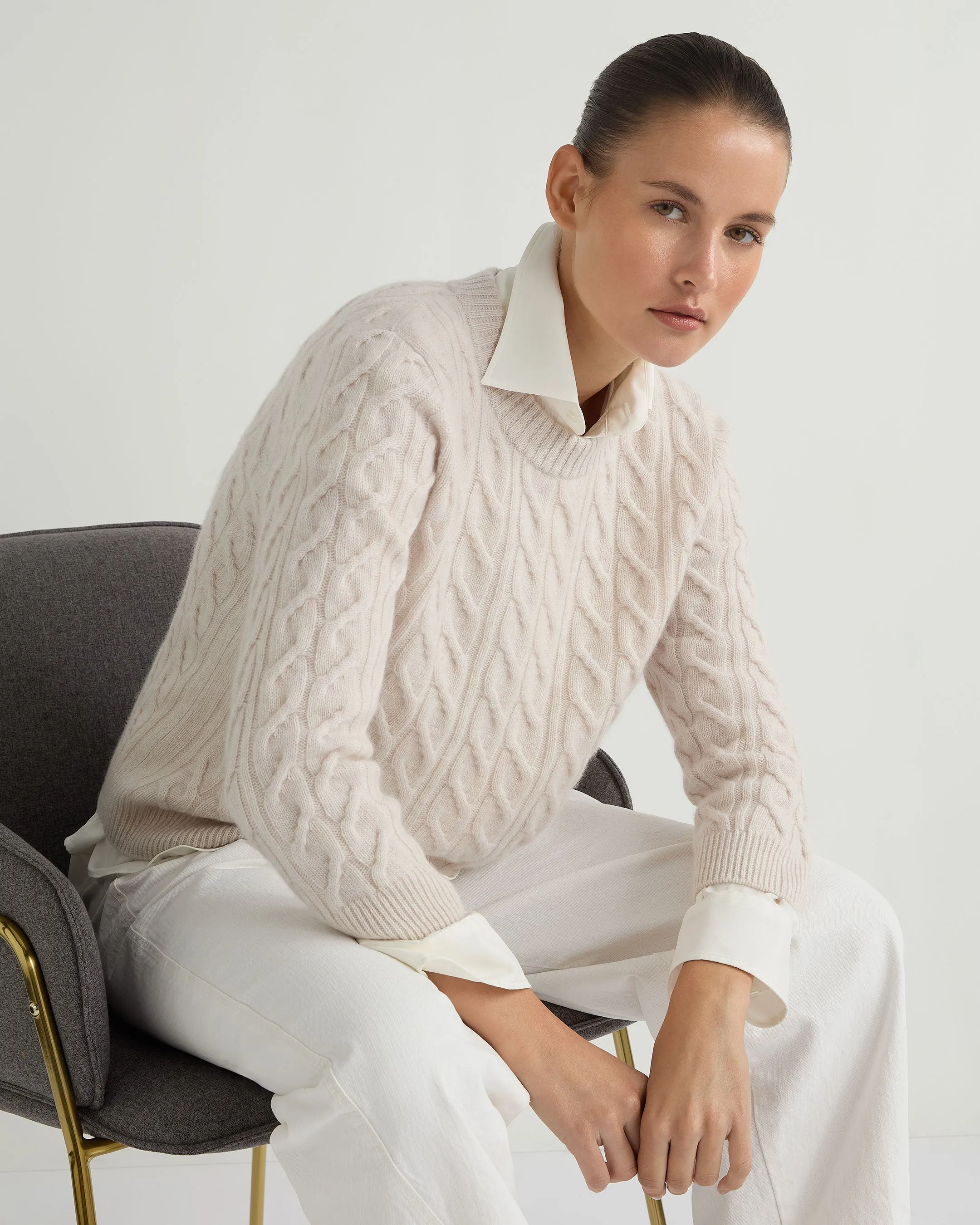 Women's Emilia Cable Round Neck Cashmere Jumper Frost White