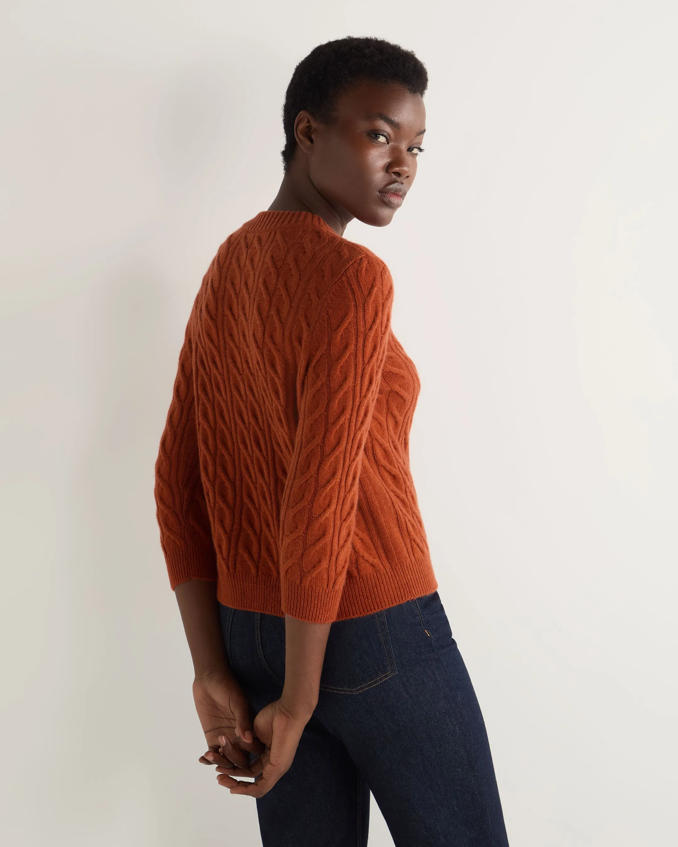 Women's Emilia Cable Round Neck Cashmere Sweater Rust Orange